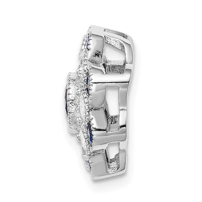 Sterling Silver Rh-Plated Cz/Synthetic Blue Spinel Flower Chain Slide