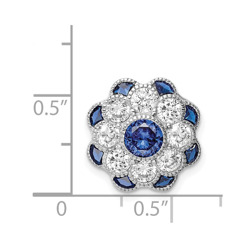 Sterling Silver Rh-Plated Cz/Synthetic Blue Spinel Flower Chain Slide