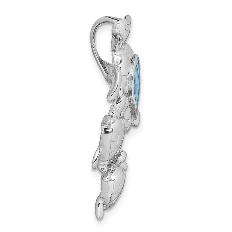 Sterling Silver Rhodium-Plated Created Blue Opal Sea Turtles Slide