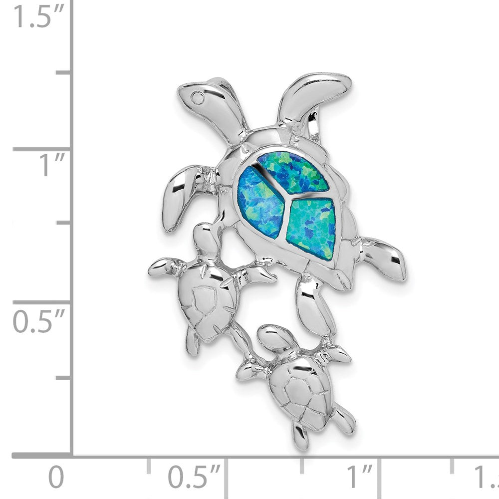 Sterling Silver Rhodium-Plated Created Blue Opal Sea Turtles Slide