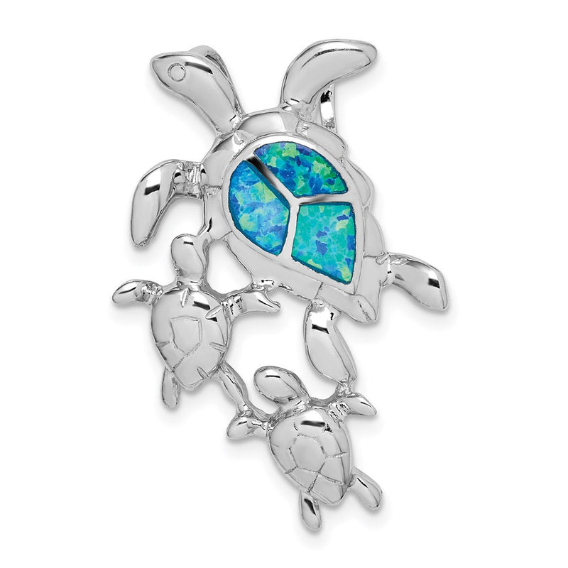 Sterling Silver Rhodium-Plated Created Blue Opal Sea Turtles Slide