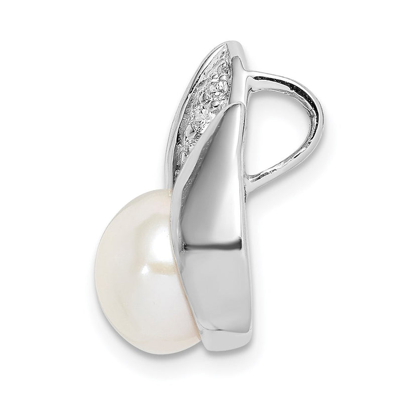 Sterling Silver Rhodium-Plated Cz (8-9mm) Button Fwc Pearl Slide