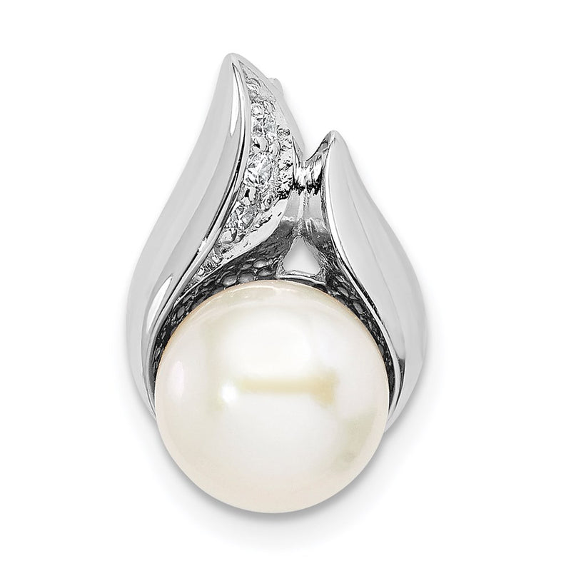 Sterling Silver Rhodium-Plated Cz (8-9mm) Button Fwc Pearl Slide