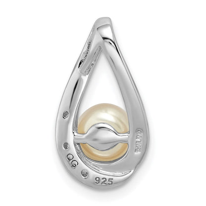 Sterling Silver Rhodium-Plated Cz (6-7mm) Fwc Pearl Teardrop Chain Slide