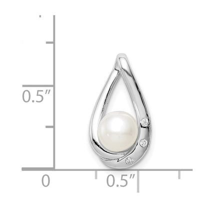 Sterling Silver Rhodium-Plated Cz (6-7mm) Fwc Pearl Teardrop Chain Slide