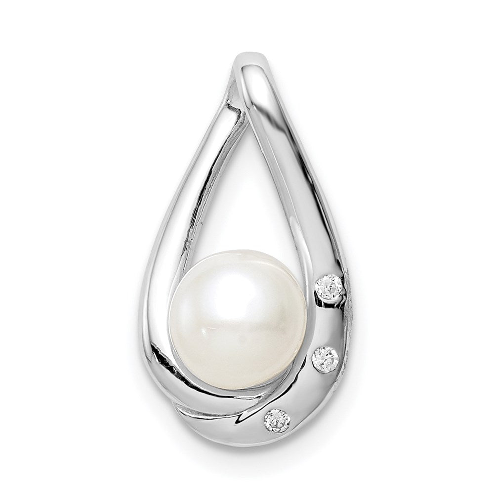 Sterling Silver Rhodium-Plated Cz (6-7mm) Fwc Pearl Teardrop Chain Slide