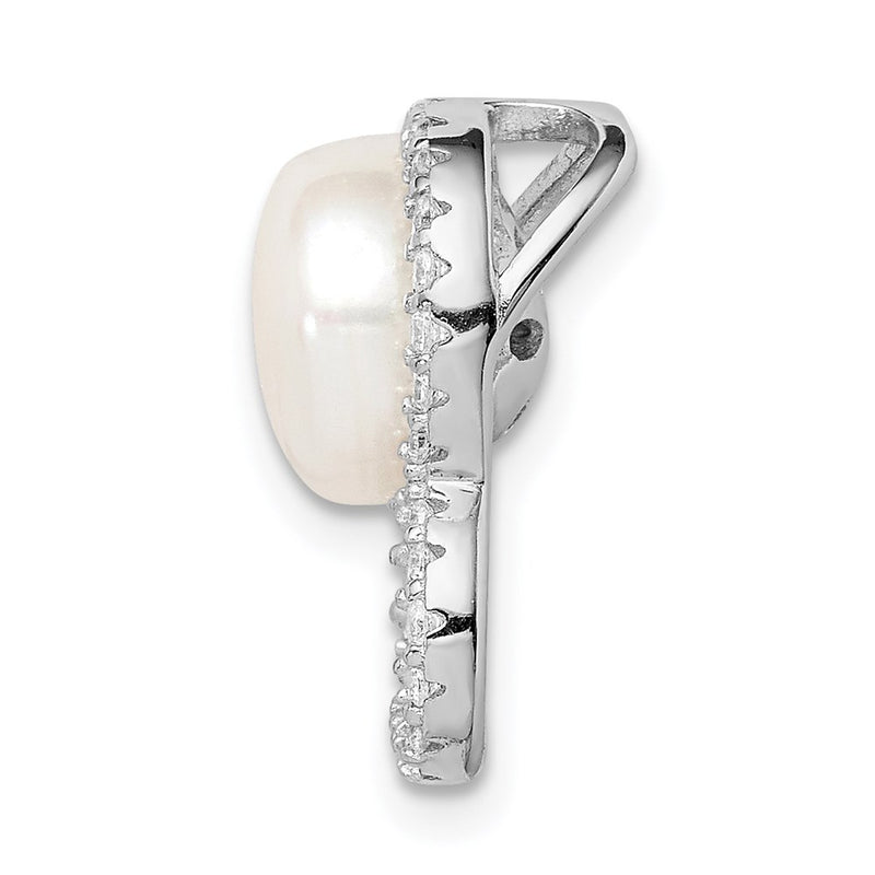 Sterling Silver Rhod-Plated Cz Heart & Imitation Shell Pearl Chain Slide