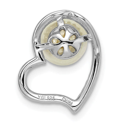 Sterling Silver Rhod-Plated Cz Heart & Imitation Shell Pearl Chain Slide