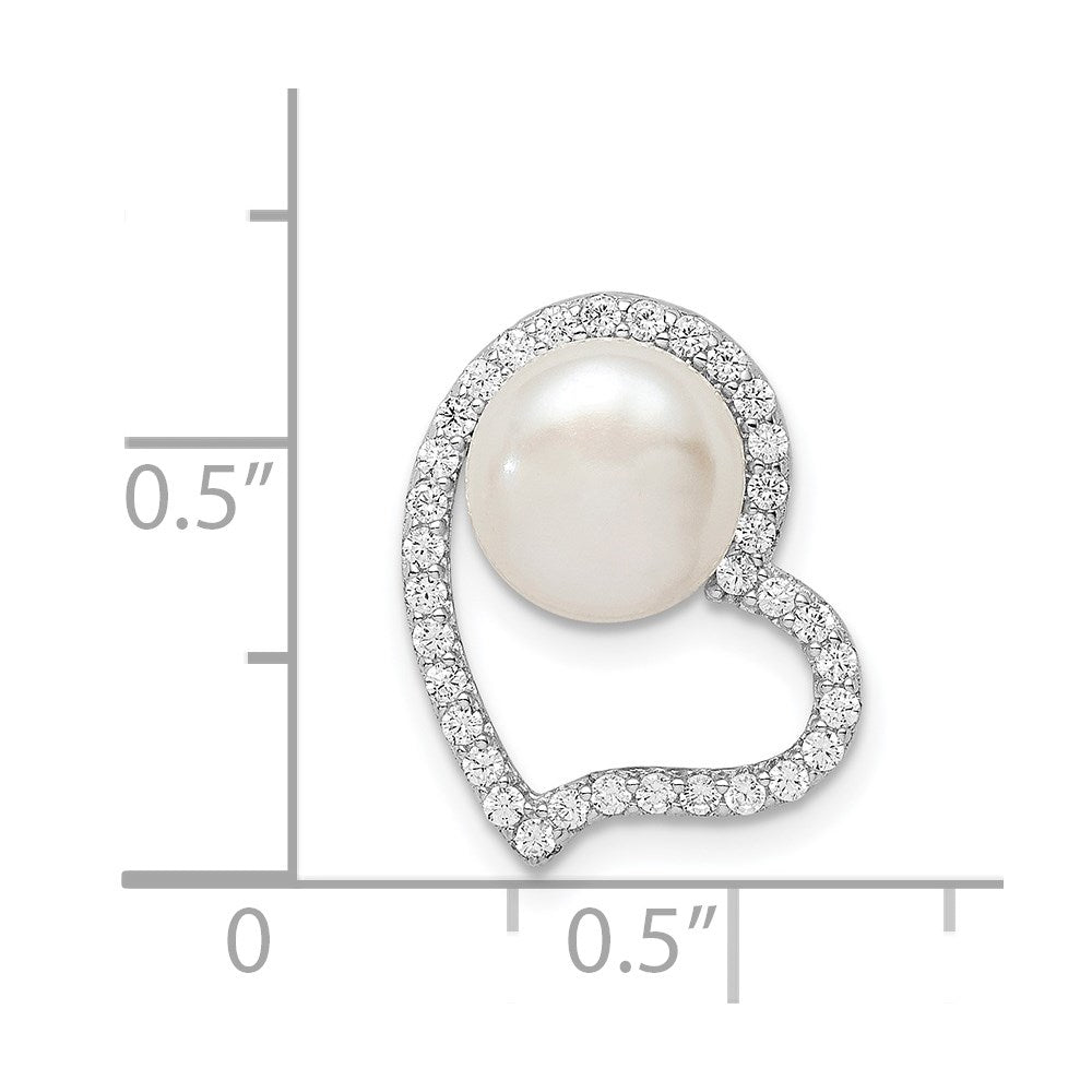 Sterling Silver Rhod-Plated Cz Heart & Imitation Shell Pearl Chain Slide