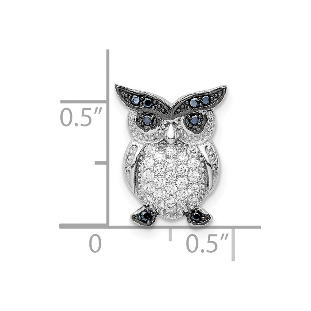 Sterling Silver Rhodium-Plated Polished Black And Clear Cz Owl Chain Slide