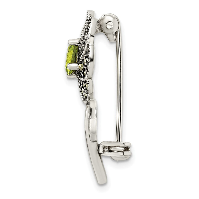 Sterling Silver Antiqued Enamel Marcasite And Green Glass Stone Flower Pin