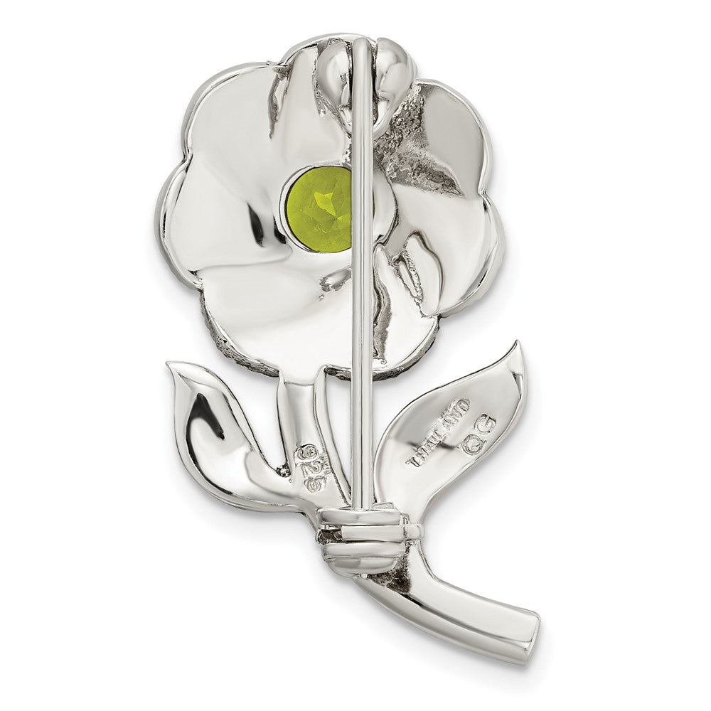 Sterling Silver Antiqued Enamel Marcasite And Green Glass Stone Flower Pin