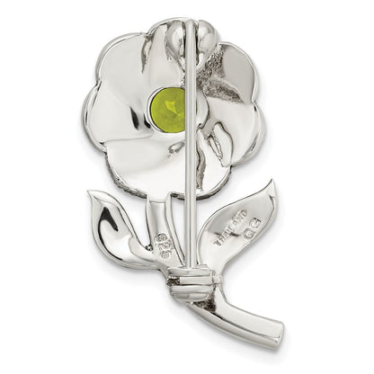 Sterling Silver Antiqued Enamel Marcasite And Green Glass Stone Flower Pin