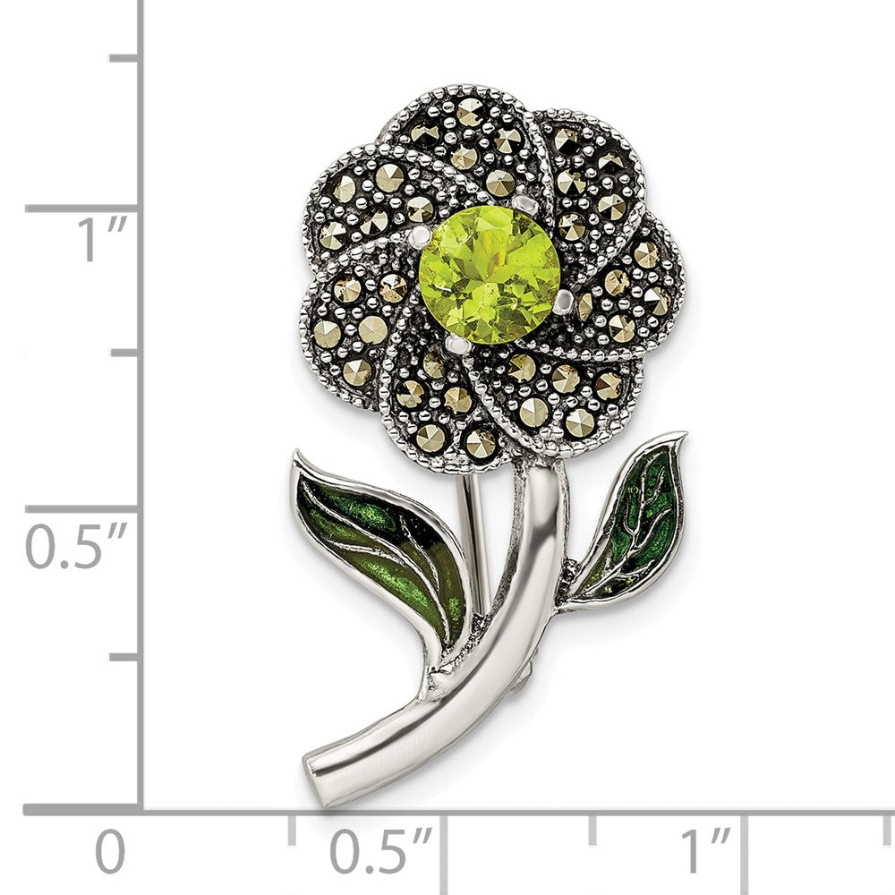 Sterling Silver Antiqued Enamel Marcasite And Green Glass Stone Flower Pin