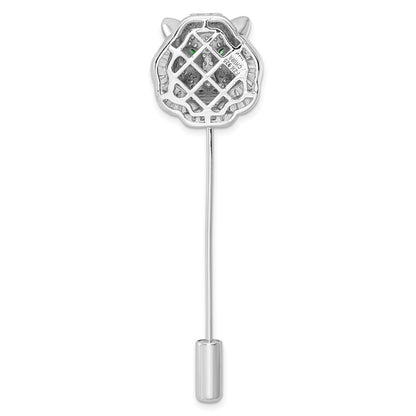 Sterling Silver Rhodium-Plated Polished Clear And Green Cz Tiger Pin