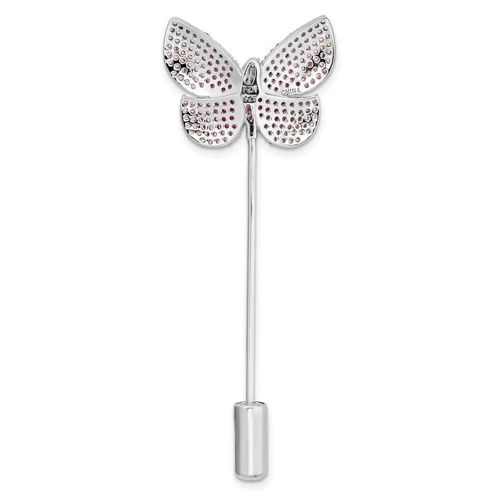 Sterling Silver Rhodium-Plated Polished Pink Cz Butterfly Pin
