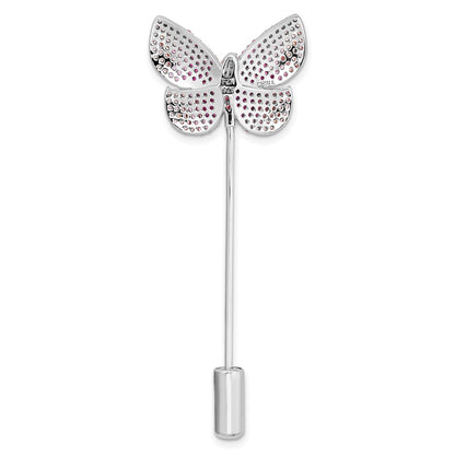 Sterling Silver Rhodium-Plated Polished Pink Cz Butterfly Pin