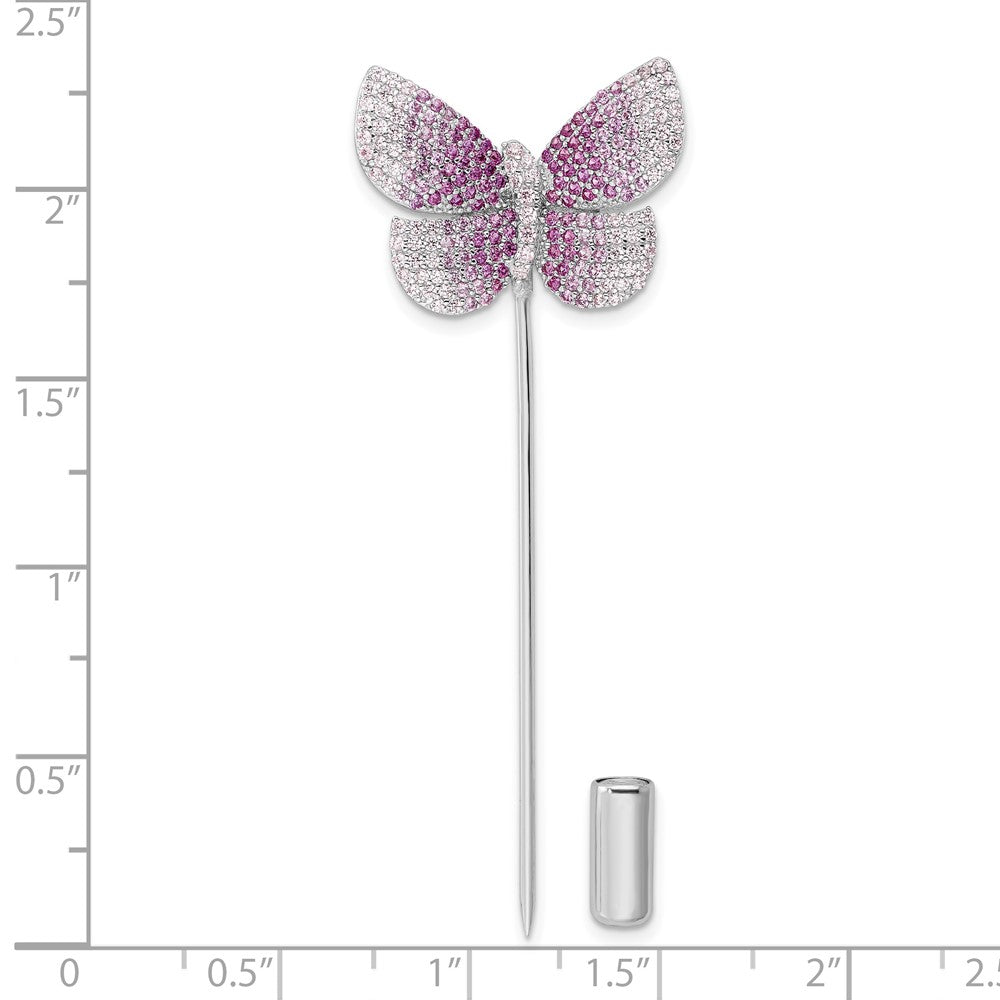 Sterling Silver Rhodium-Plated Polished Pink Cz Butterfly Pin