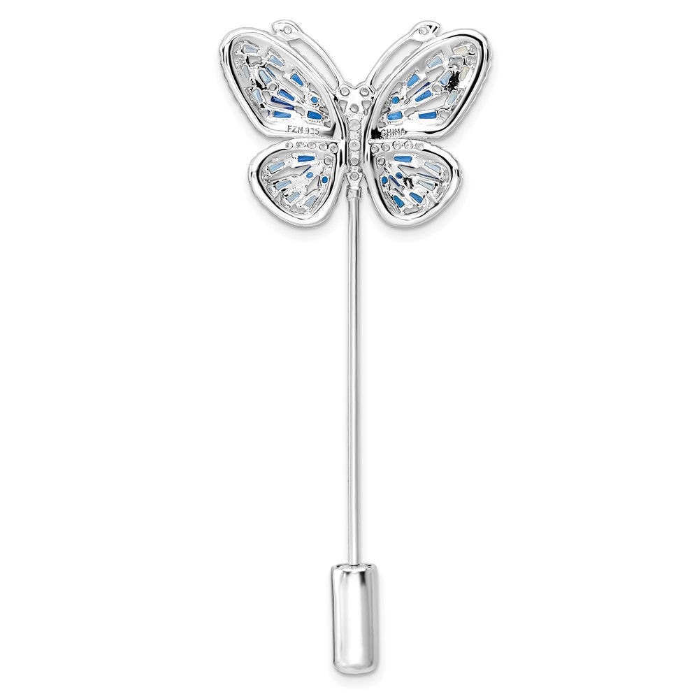 Sterling Silver Rhodium-Plated Polished Blue And Clear Cz Butterfly Pin