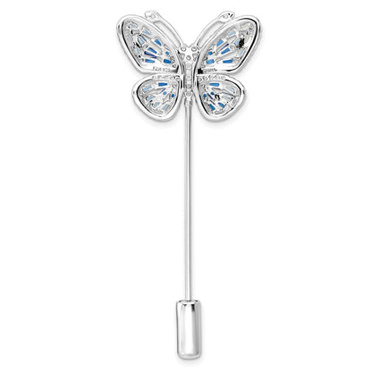 Sterling Silver Rhodium-Plated Polished Blue And Clear Cz Butterfly Pin