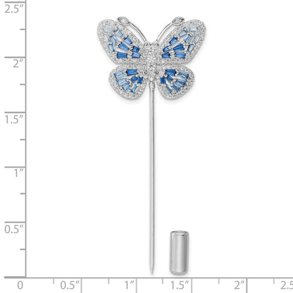 Sterling Silver Rhodium-Plated Polished Blue And Clear Cz Butterfly Pin