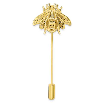Sterling Silver Rhodium-Plated Gold Tone Black And Clear Cz Bumblebee Pin
