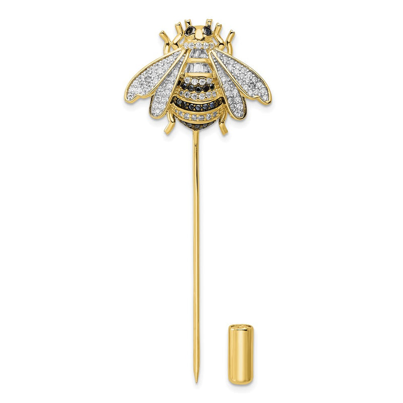Sterling Silver Rhodium-Plated Gold Tone Black And Clear Cz Bumblebee Pin