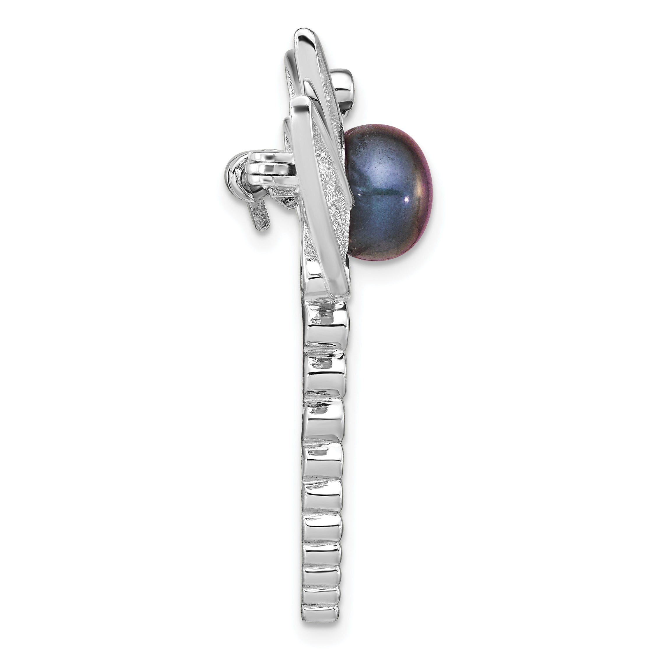 Sterling Silver Rhodium-Plated Filigree Dragonfly Accented With Cz And 8-9mm Black Button Freshwater Cultured Pearl Pin Brooch