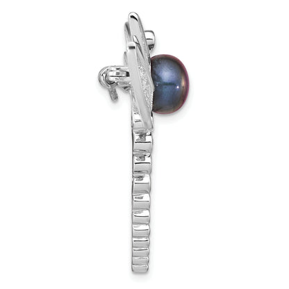 Sterling Silver Rhodium-Plated Filigree Dragonfly Accented With Cz And 8-9mm Black Button Freshwater Cultured Pearl Pin Brooch