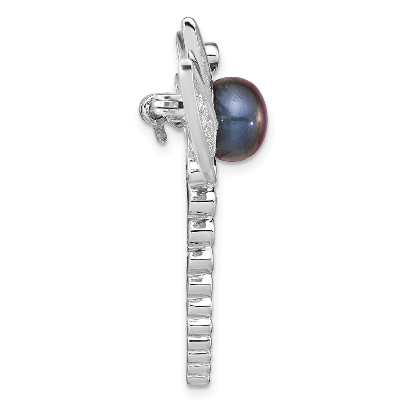Sterling Silver Rhodium-Plated Filigree Dragonfly Accented With Cz And 8-9mm Black Button Freshwater Cultured Pearl Pin Brooch