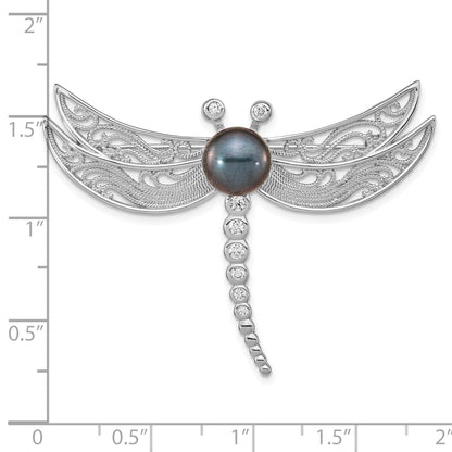 Sterling Silver Rhodium-Plated Filigree Dragonfly Accented With Cz And 8-9mm Black Button Freshwater Cultured Pearl Pin Brooch
