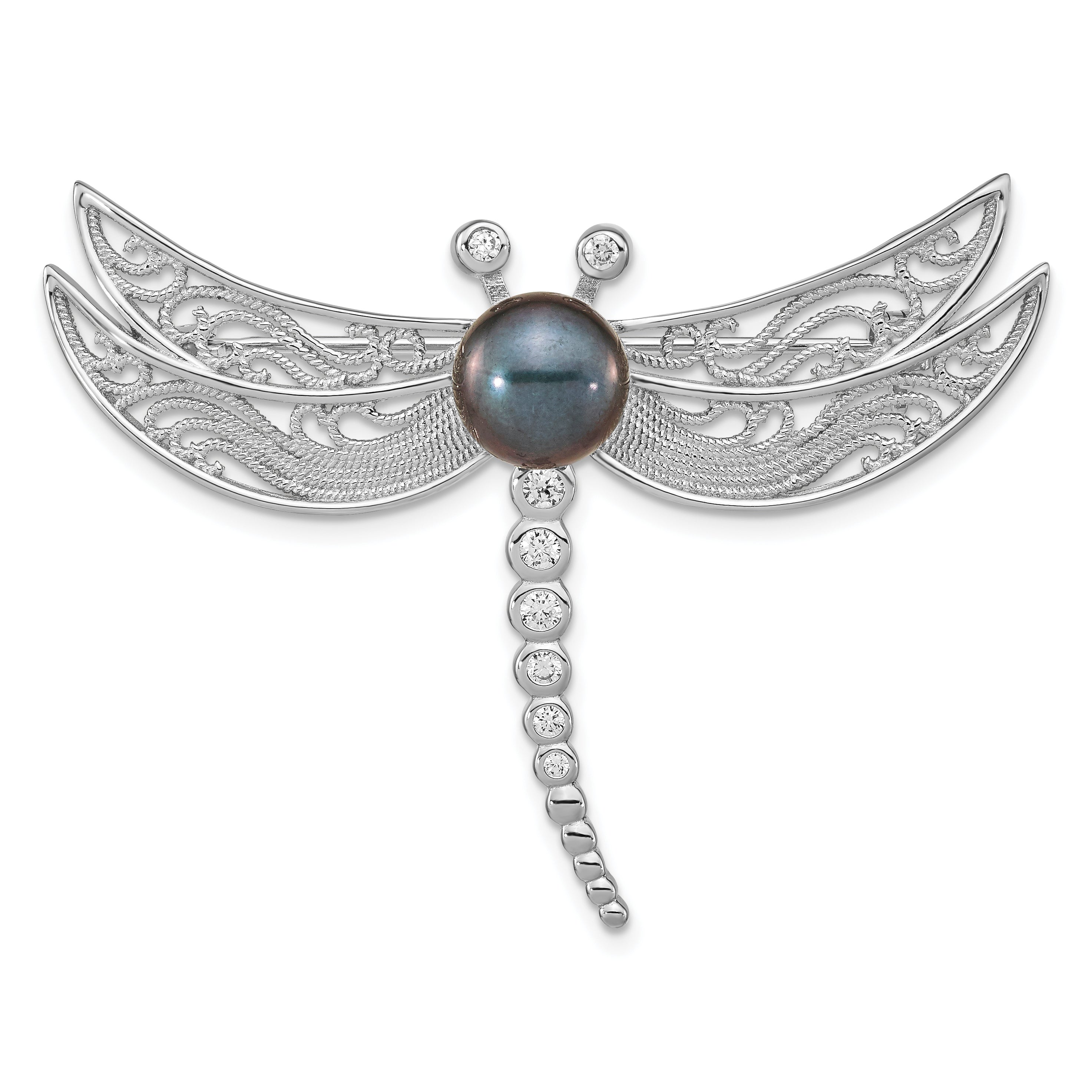 Sterling Silver Rhodium-Plated Filigree Dragonfly Accented With Cz And 8-9mm Black Button Freshwater Cultured Pearl Pin Brooch