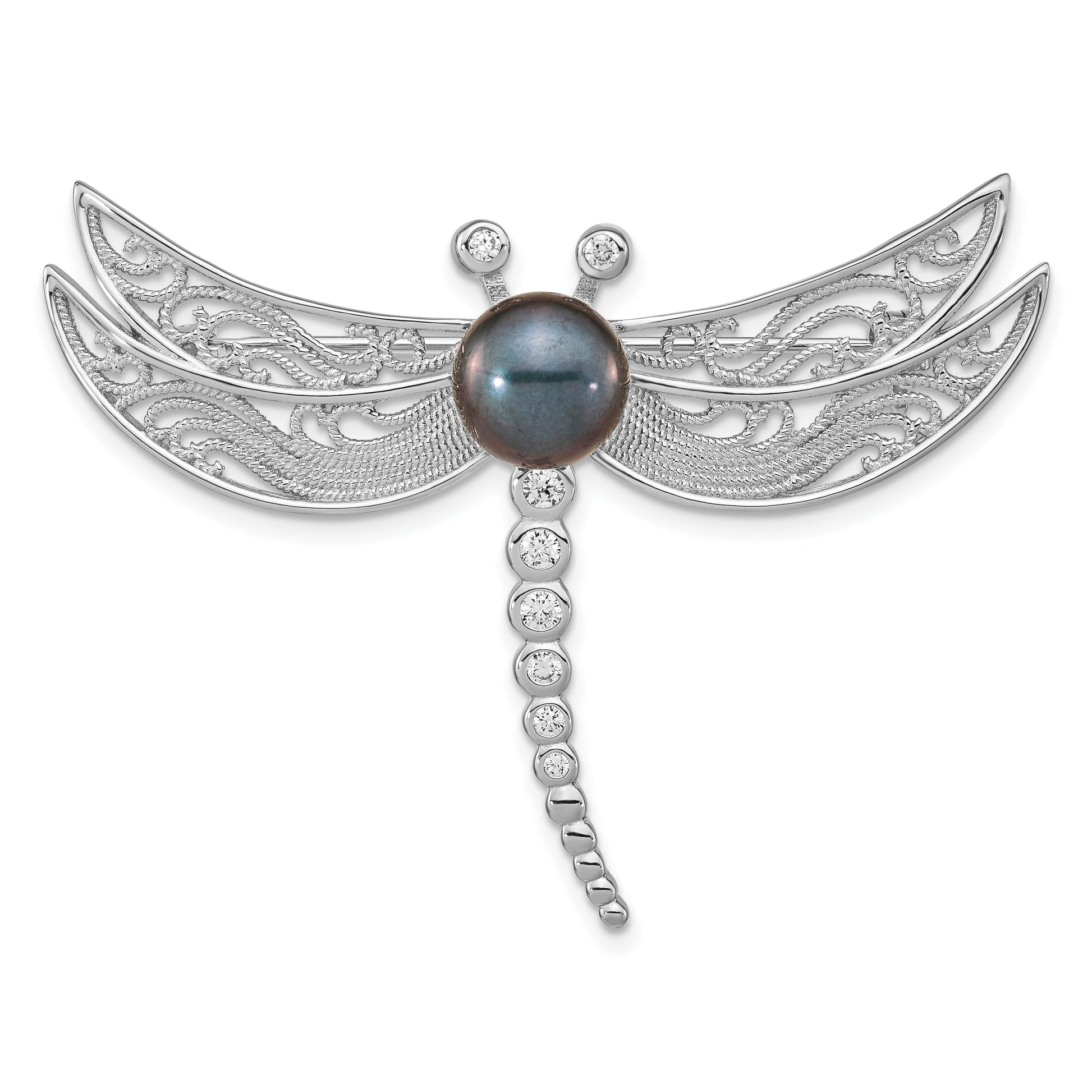 Sterling Silver Rhodium-Plated Filigree Dragonfly Accented With Cz And 8-9mm Black Button Freshwater Cultured Pearl Pin Brooch