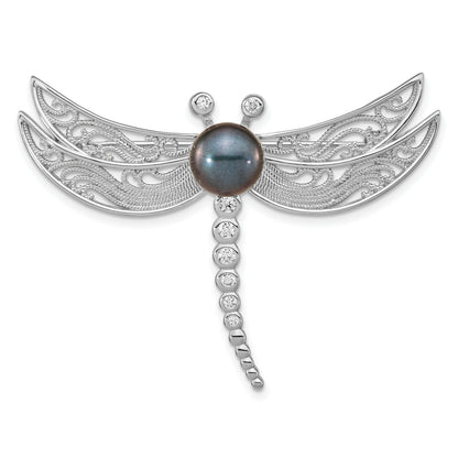 Sterling Silver Rhodium-Plated Filigree Dragonfly Accented With Cz And 8-9mm Black Button Freshwater Cultured Pearl Pin Brooch