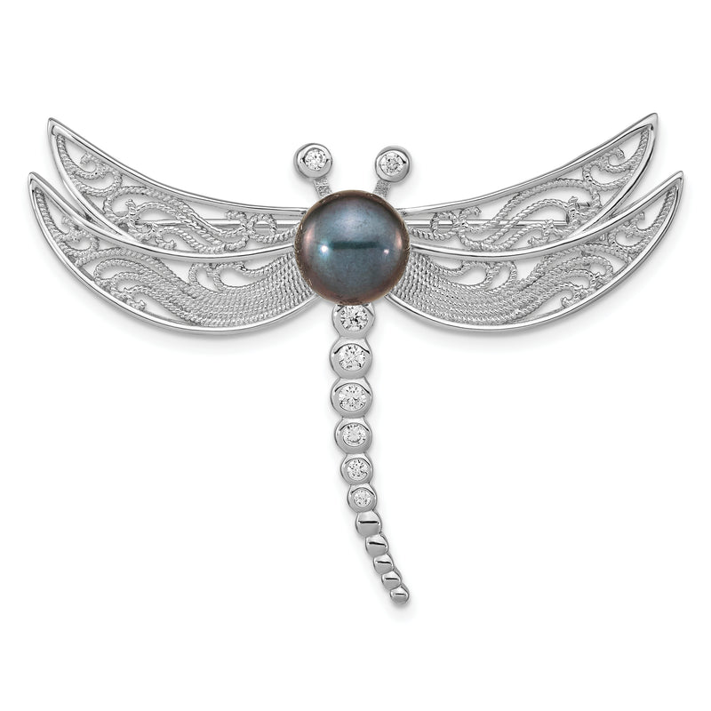 Sterling Silver Rhodium-Plated Filigree Dragonfly Accented With Cz And 8-9mm Black Button Freshwater Cultured Pearl Pin Brooch