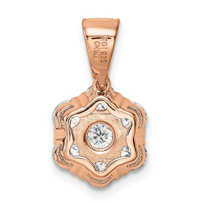 Sterling Silver Polished Rose-Tone Cz Flower Pendant