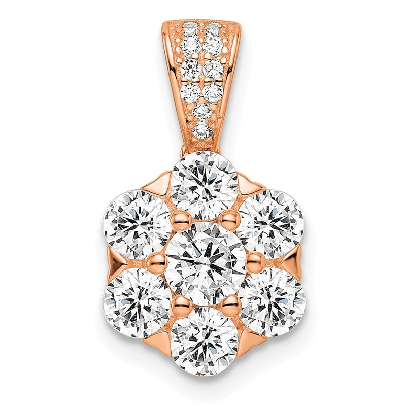 Sterling Silver Polished Rose-Tone Cz Flower Pendant