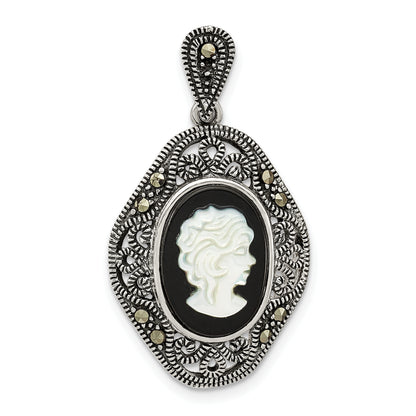 Sterling Silver Antiqued Marcasite Black Agate & Mop Cameo Pendant