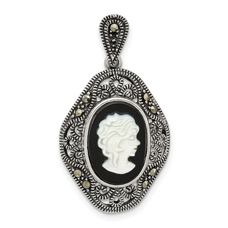 Sterling Silver Antiqued Marcasite Black Agate & Mop Cameo Pendant