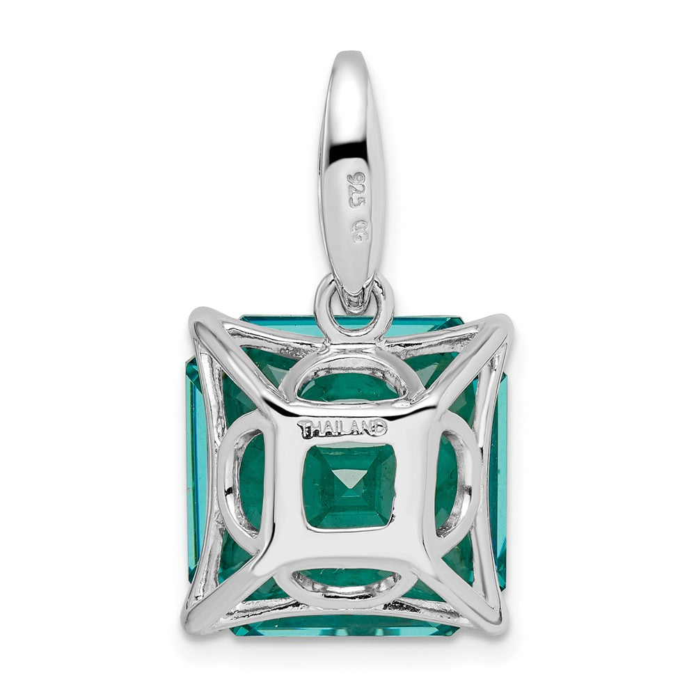 Sterling Silver Rhodium-Plated Light Blue Princess Shaped & White Cz Pendan