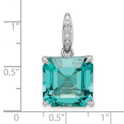 Sterling Silver Rhodium-Plated Light Blue Princess Shaped & White Cz Pendan