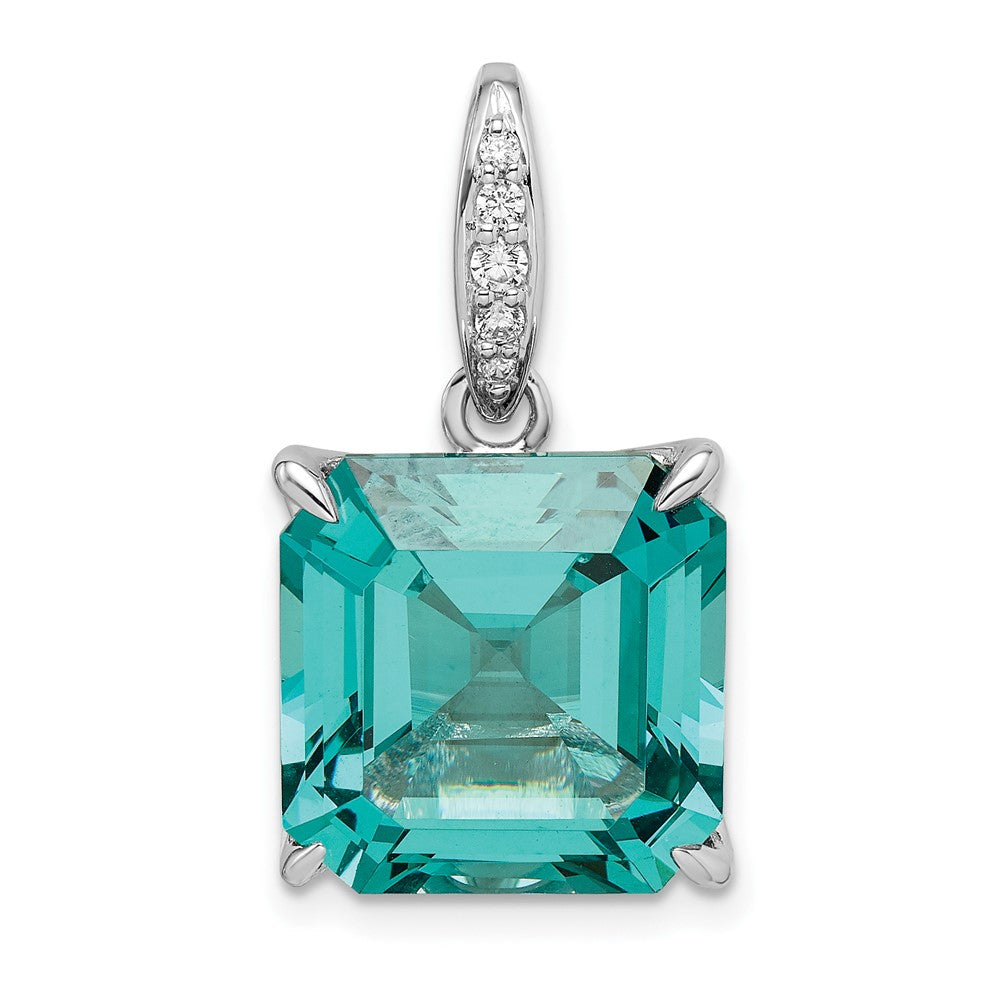 Sterling Silver Rhodium-Plated Light Blue Princess Shaped & White Cz Pendan