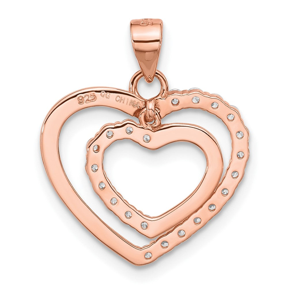 Sterling Silver Rose Tone Cz Double Heart Pendant