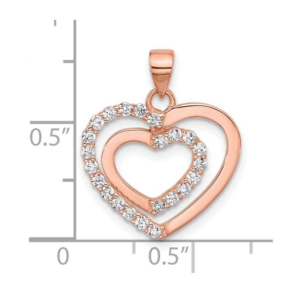 Sterling Silver Rose Tone Cz Double Heart Pendant