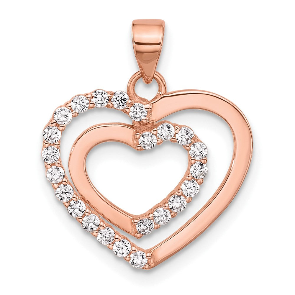 Sterling Silver Rose Tone Cz Double Heart Pendant