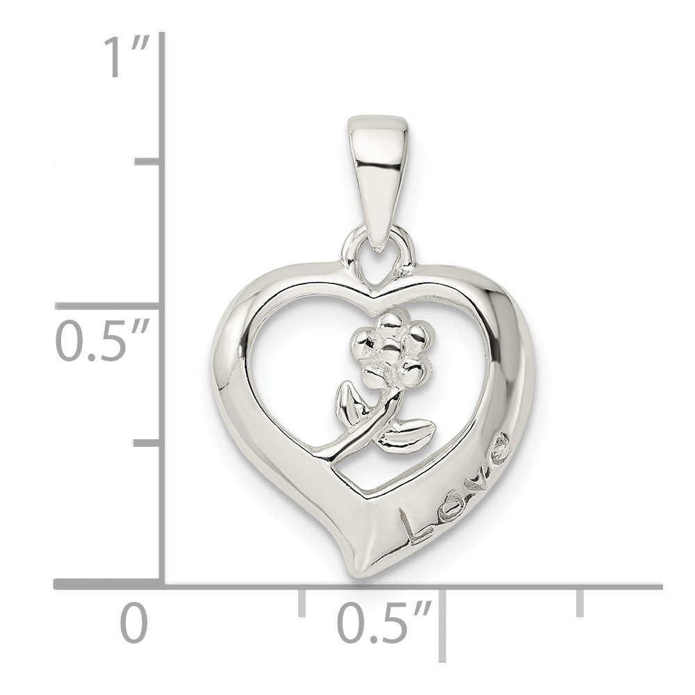 Sterling Silver Love Heart W/Flower Pendant