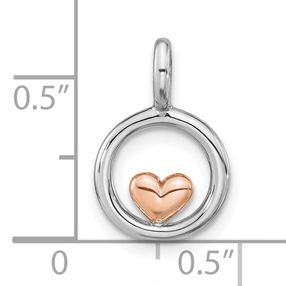Ss/Rose Plated Sterling Silver Rh-Plated & Rose Gold-Plated Polished Circle W/Heart Pendan