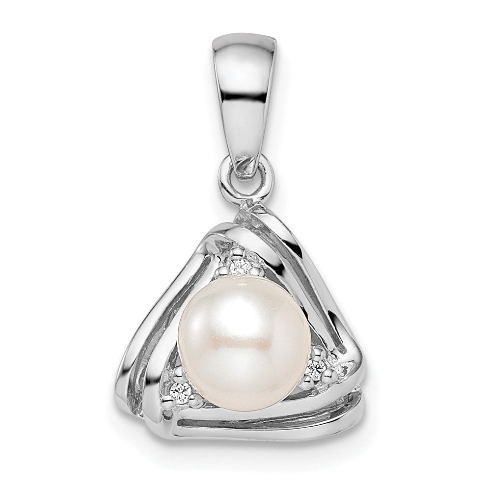Sterling Silver Rhodium-Plated Fwc Pearl And Cz Triangle Pendant