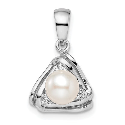 Sterling Silver Rhodium-Plated Fwc Pearl And Cz Triangle Pendant