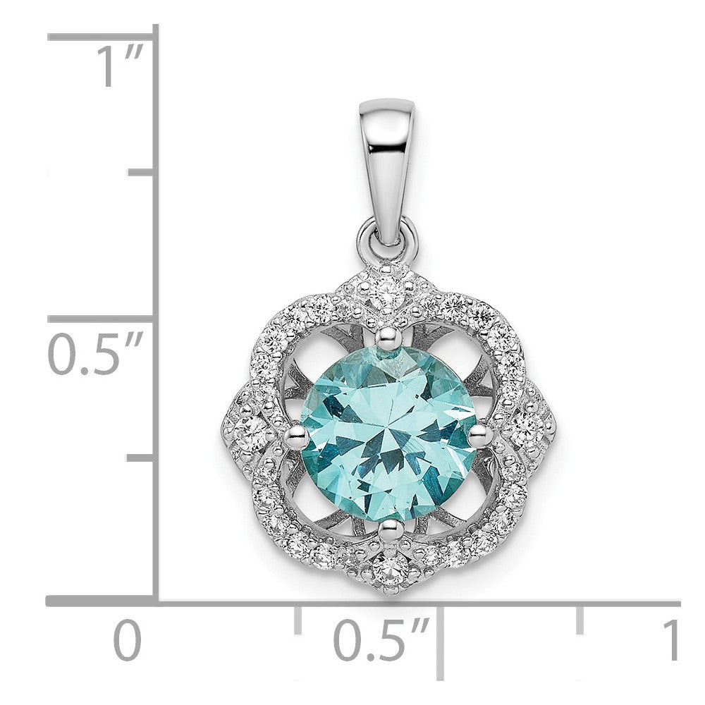 Sterling Silver Rhodium Plated Aqua & White Cz Pendant